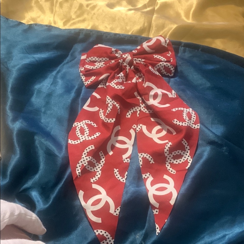 CC pattered Red and White Silk Scarf with Bow NWOT
